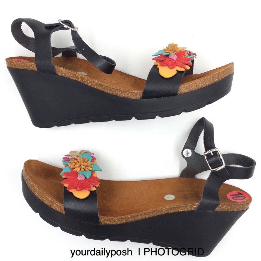 Biostep black leather floral slingback wedge sandals US women’s size 10